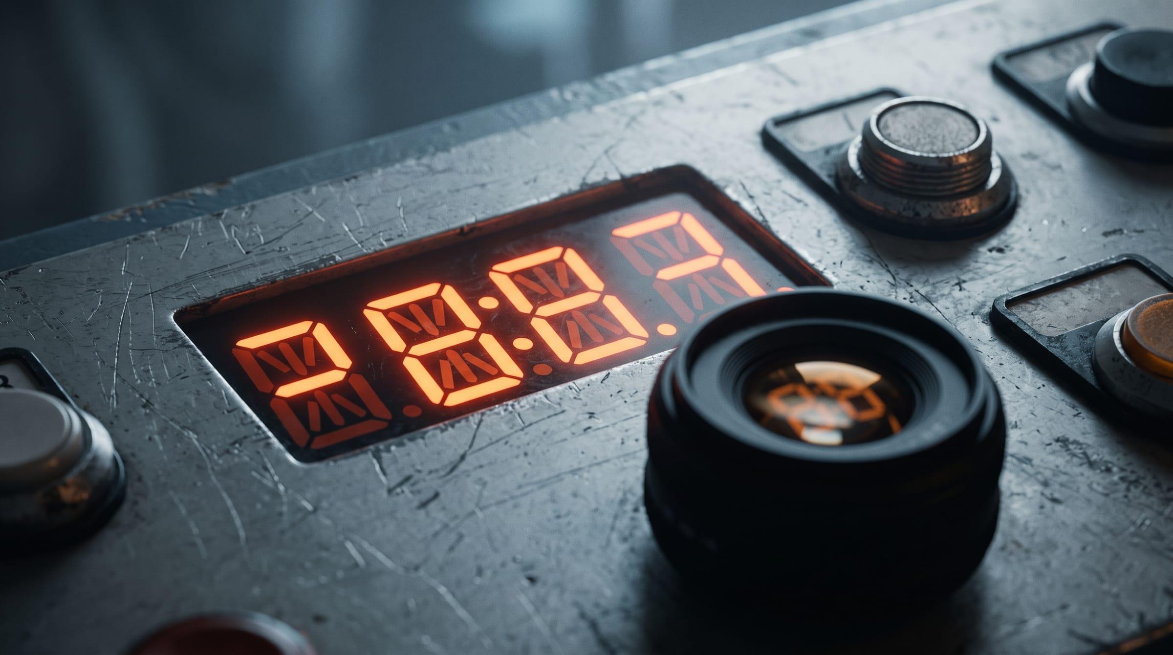 A worn machine control panel with an orange segment display, a camera lens reading it