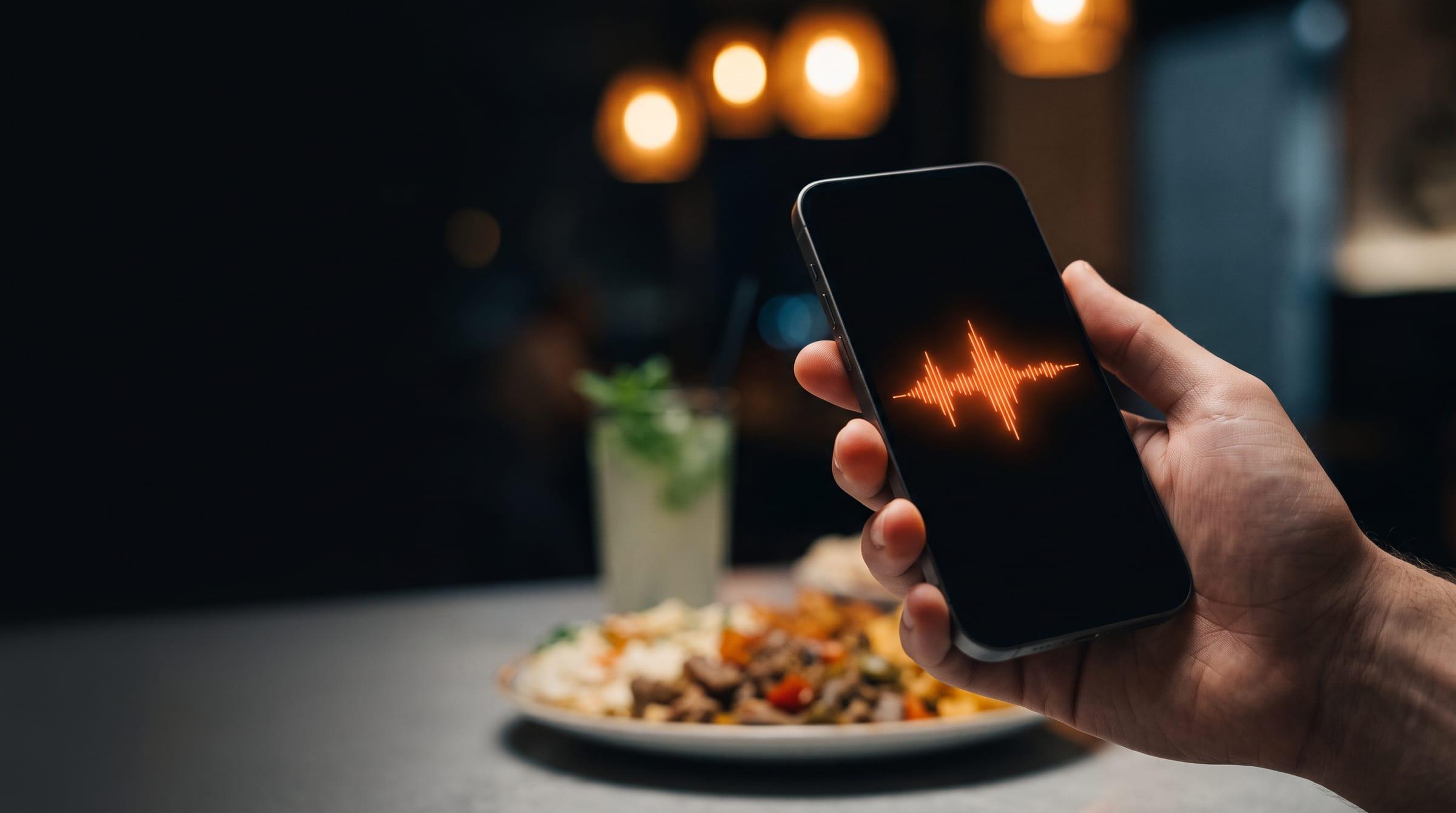 A hand holding a phone with a voice waveform above a plate of food in a restaurant