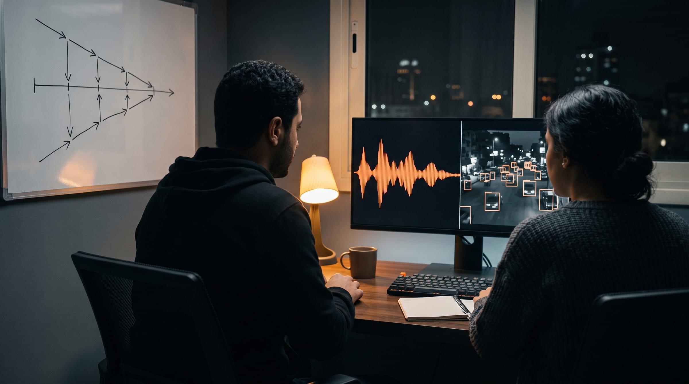 Two Bisect engineers at a desk at night, a voice waveform and computer vision detections on the monitor